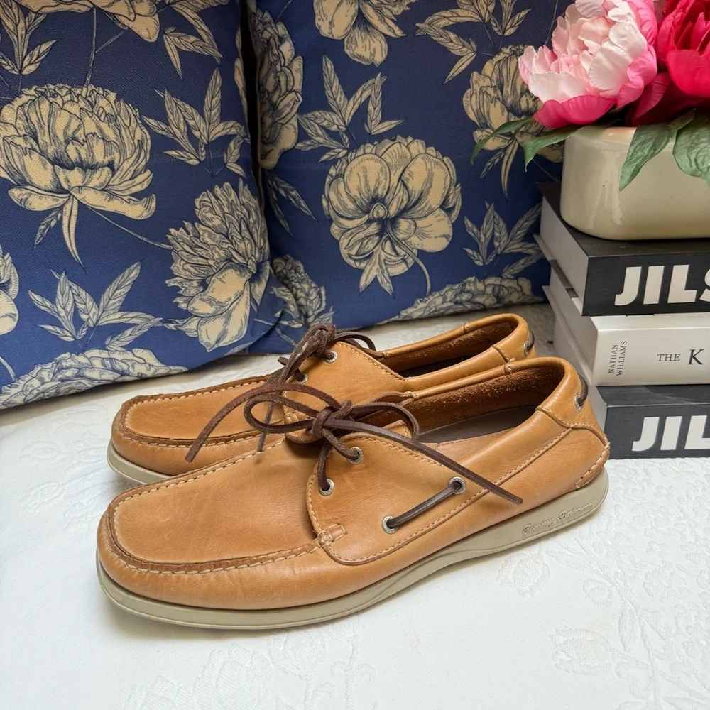 Tommy Bahama Tan and Brown Boat Shoes with Moccasin Construction